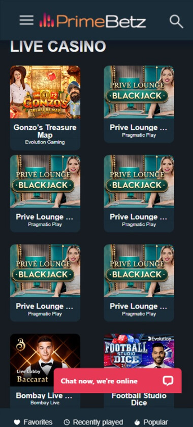 PrimeBetz Casino Mobile Preview 1