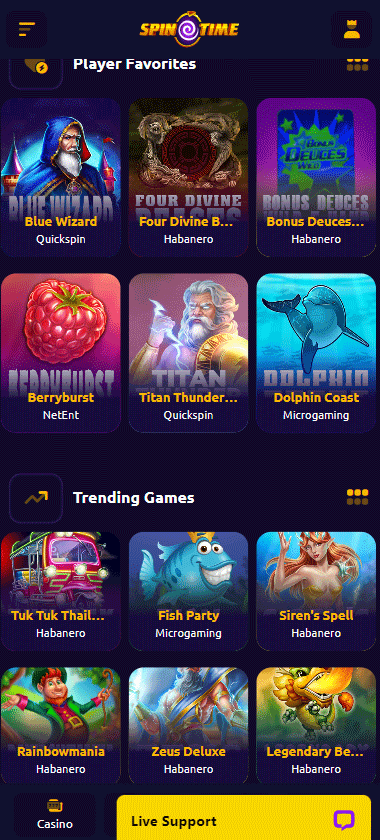 SpinTime Casino Mobile Preview 1