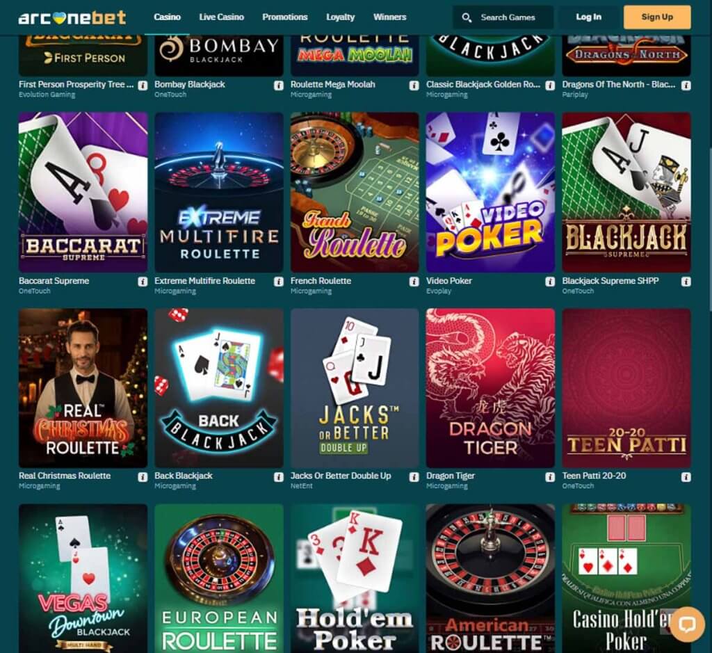 ArcaneBet Casino desktop live dealer games screenshot showing roulette, blackjack, and baccarat tables – tested