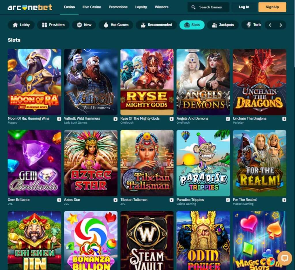 ArcaneBet Casino desktop slots variety screenshot showing trending slot games and jackpots – tested