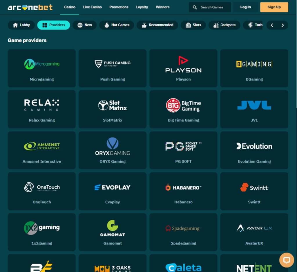 ArcaneBet Casino desktop software providers screenshot displaying major game developers – tested