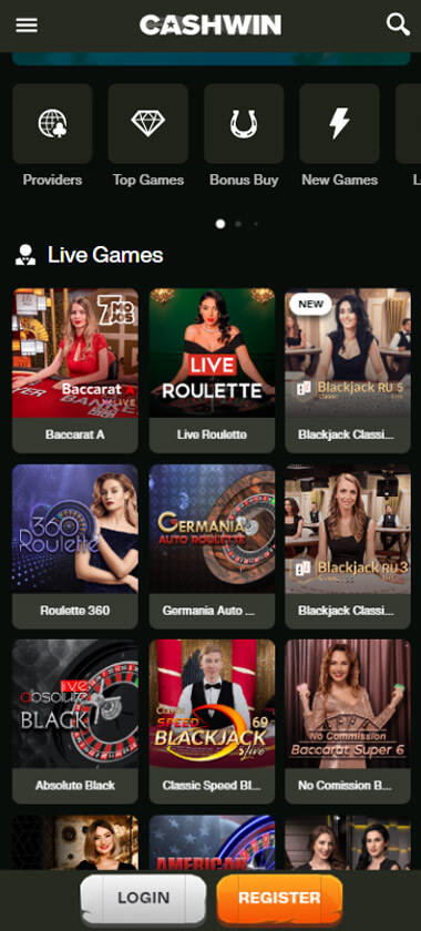 CashWin Casino live dealer games mobile review