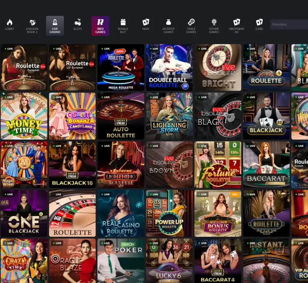 1Red Casino desktop live casino screenshot displaying real-dealer tables including roulette, blackjack and baccarat with lobby navigation - tested