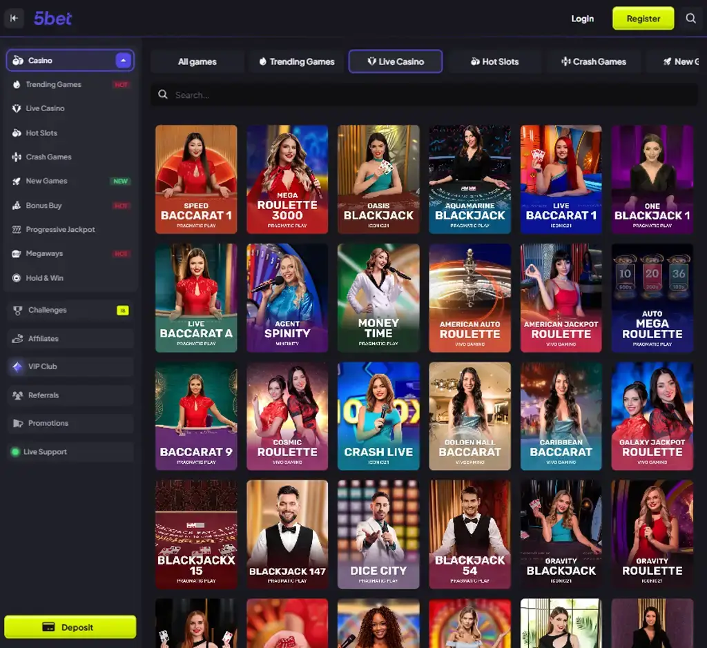 5 Bet Casino desktop live casino lobby screenshot featuring live dealer games and real-time streaming interface - Tested