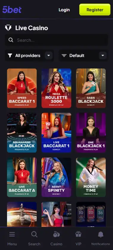 5 Bet Casino mobile live casino interface screenshot showing live dealer tables including blackjack and roulette - Tested