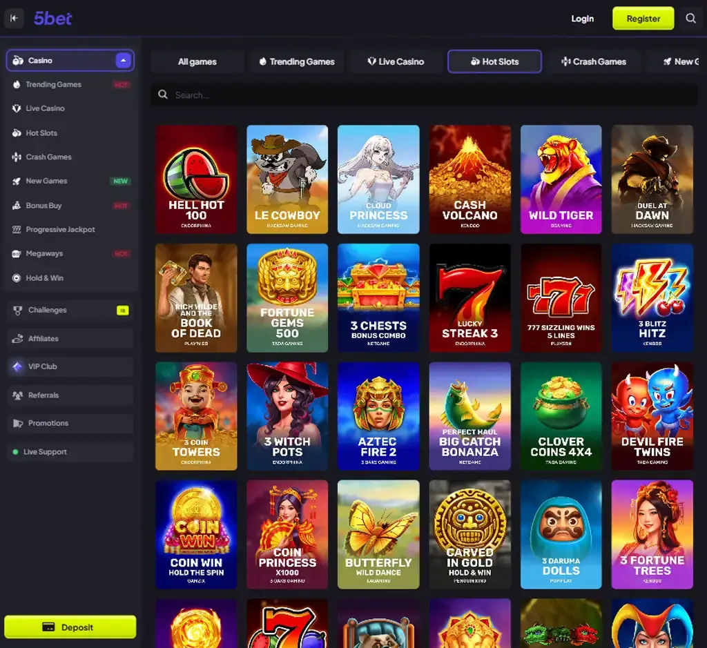 5 Bet Casino desktop slots lobby screenshot presenting variety of slot games with categories and providers - Tested