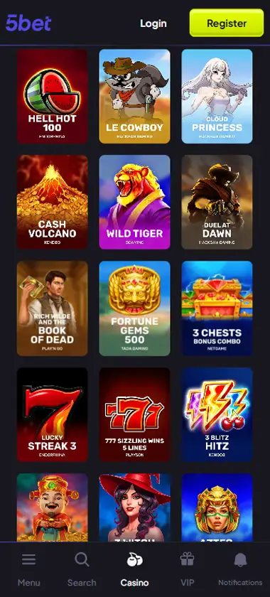5 Bet Casino mobile slots interface screenshot showing slot game selection with popular titles and filtering options - Tested