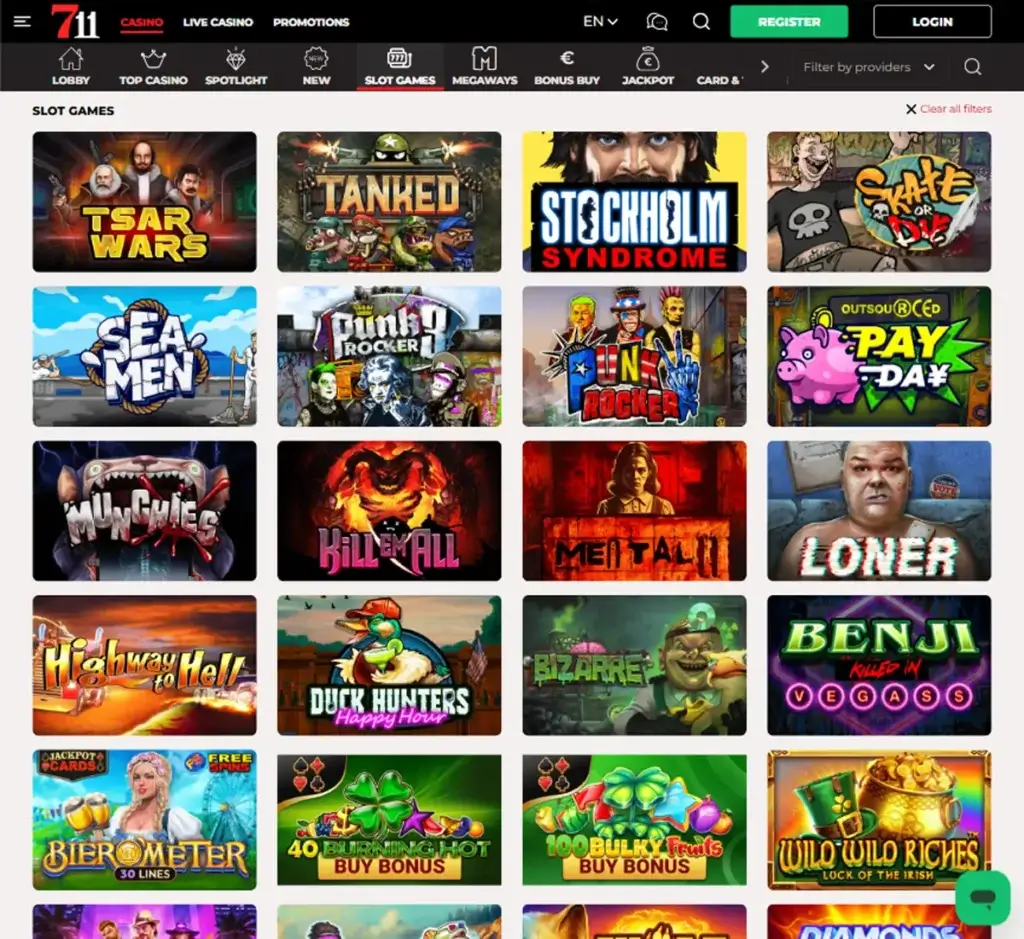 711 Casino desktop slots lobby presenting a variety of slot games with categories and providers - tested 711 Casino desktop slots lobby presenting a variety of slot games with categories and providers - tested