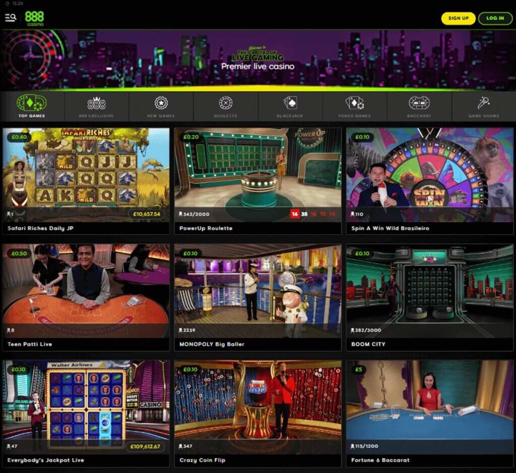 888 Starz Casino desktop live casino lobby screenshot featuring live dealer games and real-time streaming interface - review testing