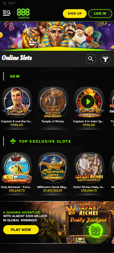 888 Starz Casino mobile slots interface screenshot showing slot game selection with popular titles and filtering options - captured during platform testing