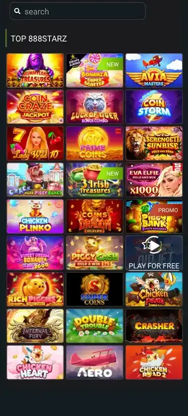 888 Starz Casino mobile popular games section screenshot showing featured casino games and player favorite titles - captured during platform testing