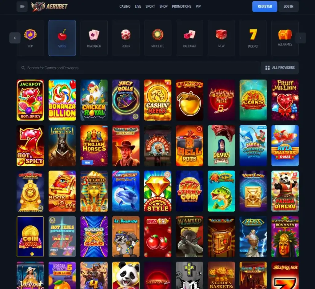 Aerobet Casino desktop slots screenshot showing slots variety with featured games, categories and filtering options - tested