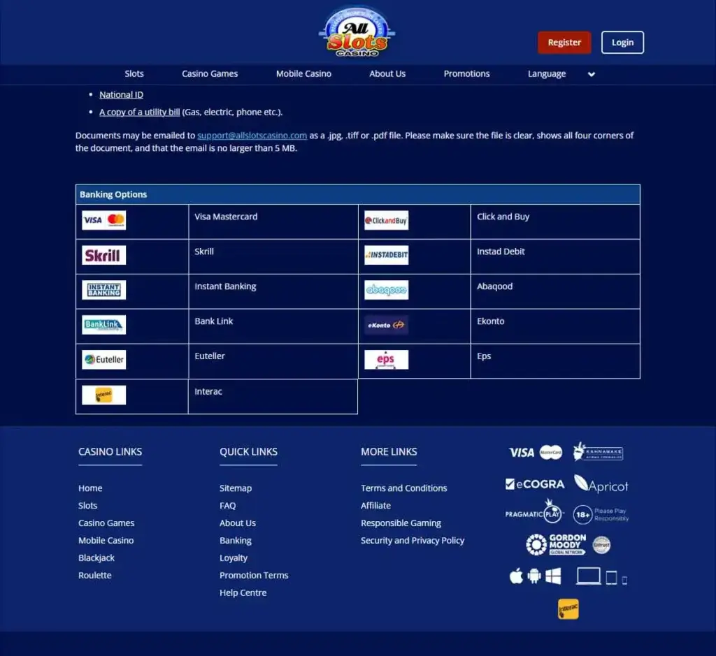 All Slots Casino desktop payment methods page screenshot displaying deposit and withdrawal options including cards and e-wallets - tested