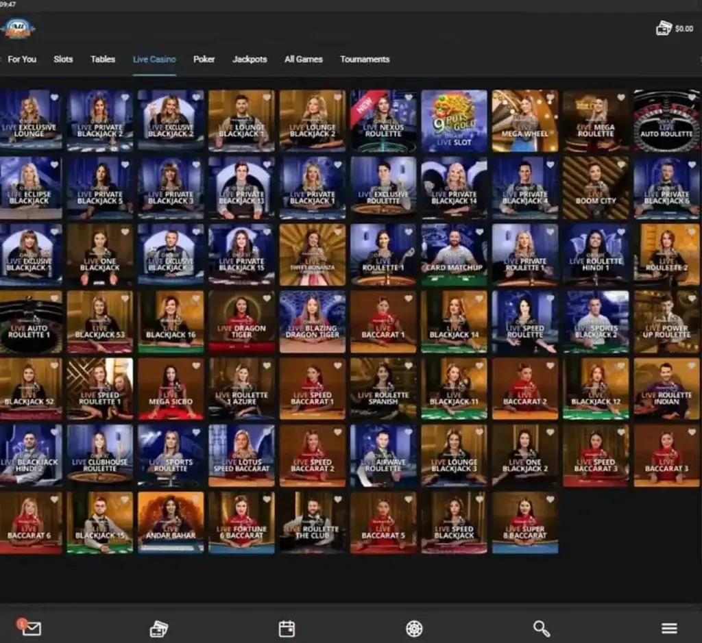 All Slots Casino desktop live casino lobby screenshot featuring live dealer games and real-time streaming interface - review testing