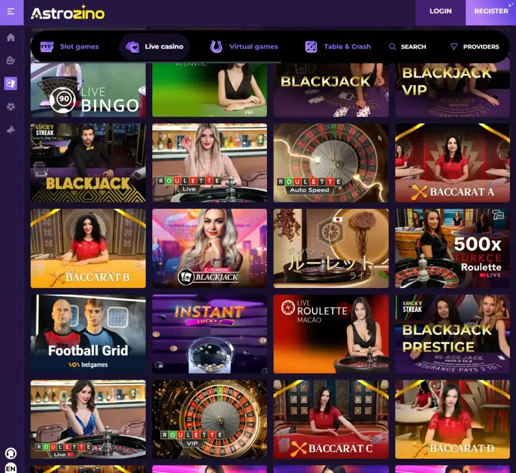 Astrozino Casino desktop live casino screenshot displaying real-dealer tables including roulette, blackjack and baccarat with lobby navigation - tested