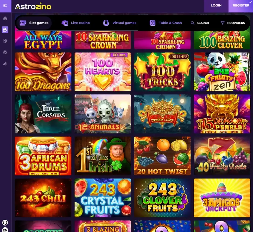 Astrozino Casino desktop slots screenshot showing slots variety with featured games, categories and filtering options - tested