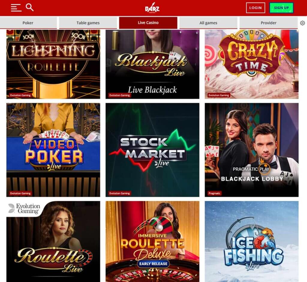 Barz Casino desktop live casino lobby featuring live dealer games and real-time streaming interface - tested