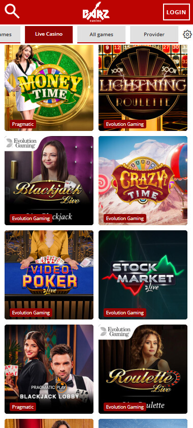 Barz Casino mobile live casino interface showing live dealer tables including blackjack and roulette - captured during platform testing
