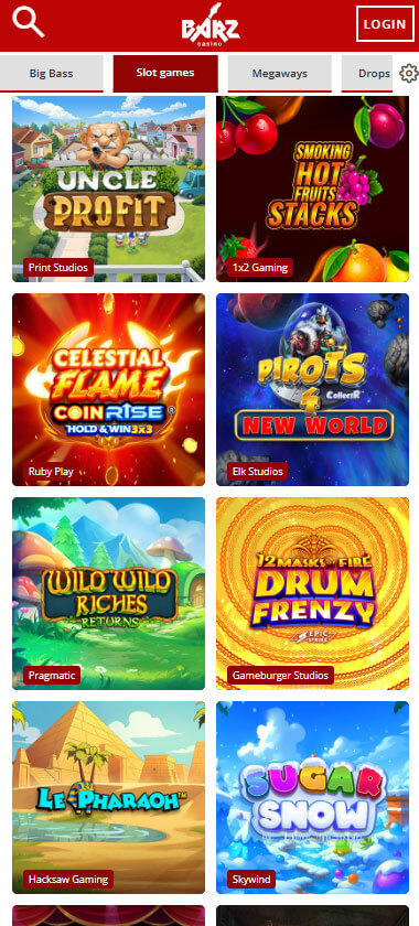 Barz Casino mobile slots interface showing slot game selection with popular titles and filtering options - captured during platform testing