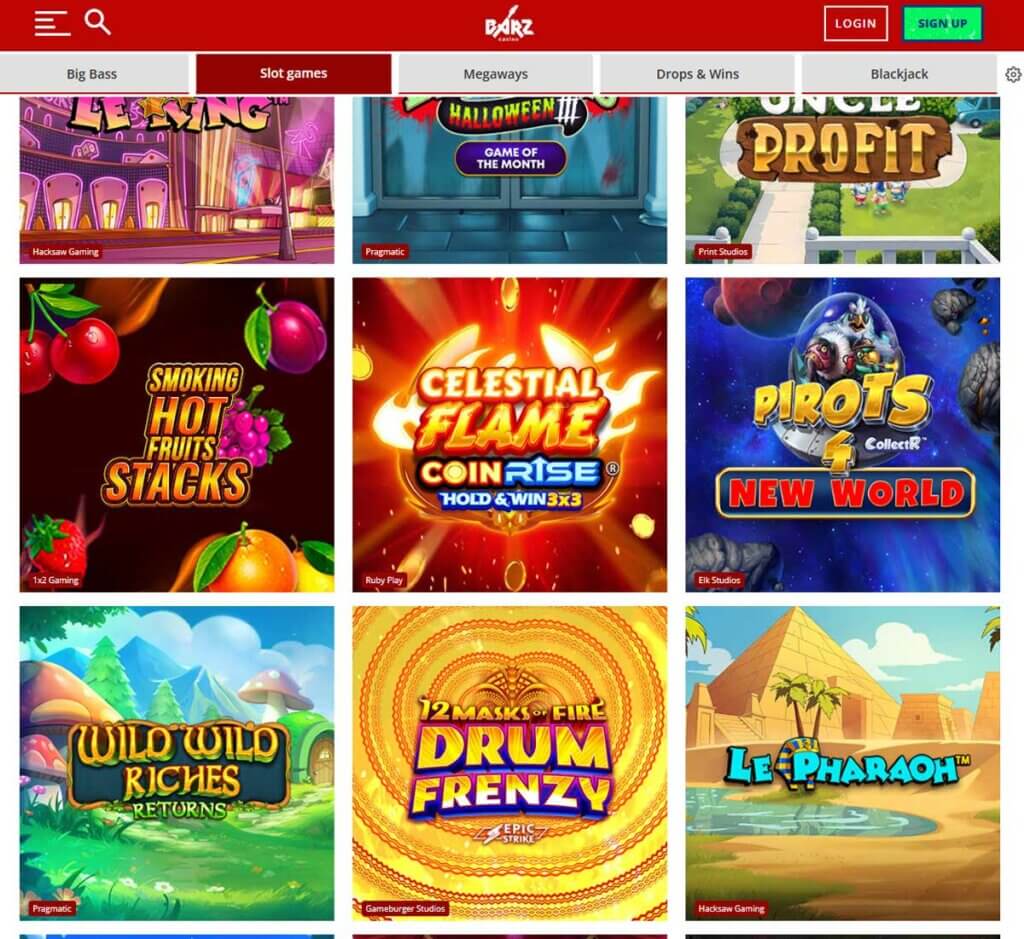 Barz Casino desktop slots lobby presenting a variety of slot games with categories and providers - tested