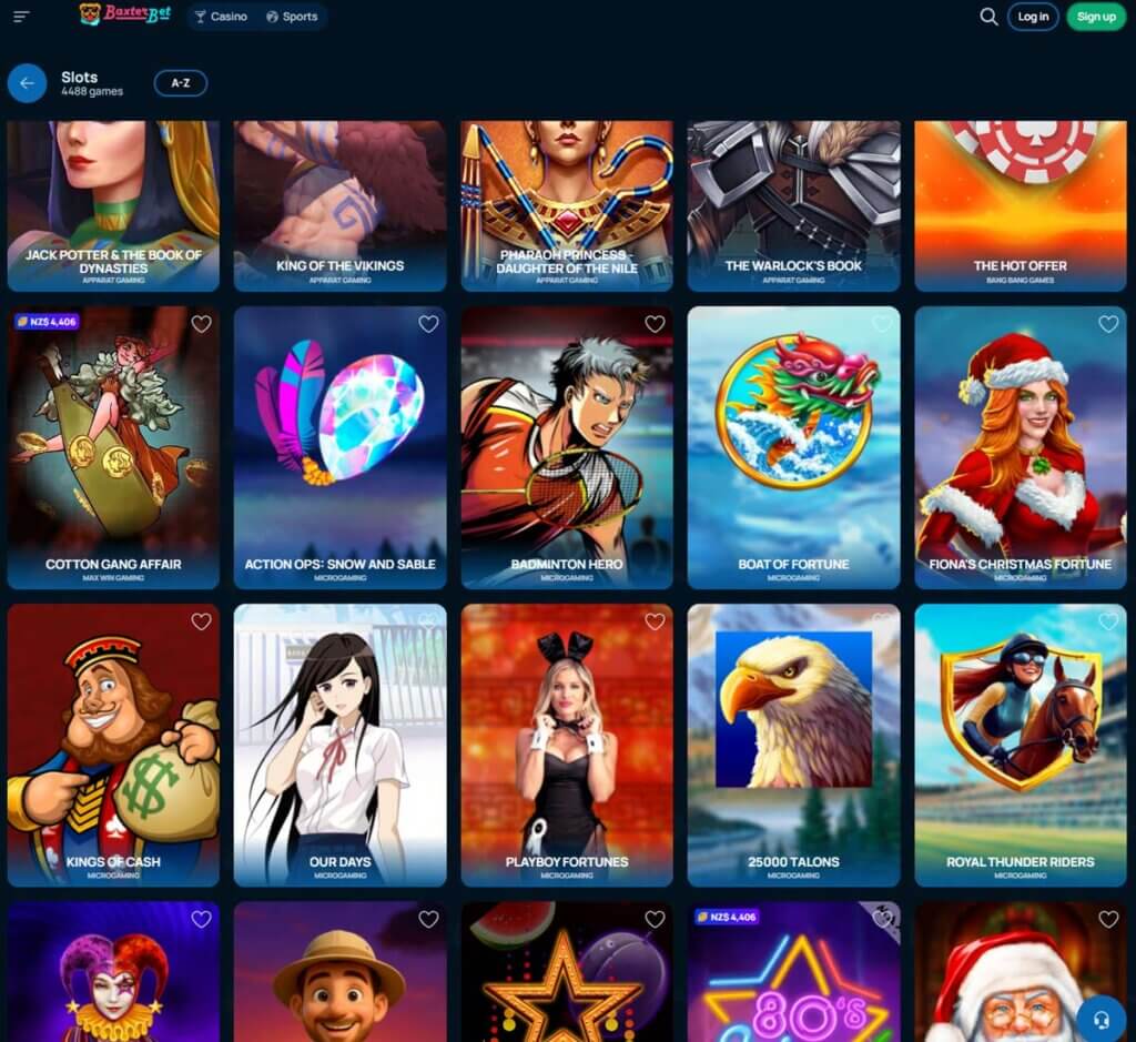 BaxterBet Casino desktop slots lobby showcasing various slot titles and categories – tested