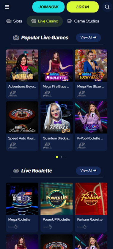 BetBeast Casino mobile live casino screenshot showing real-dealer tables including roulette, blackjack and baccarat on smartphone interface - tested