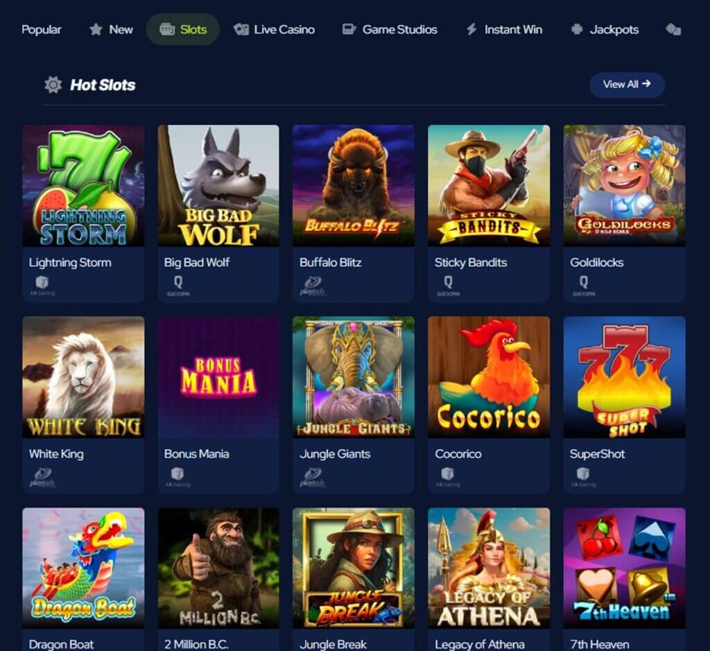 BetBeast Casino desktop slots screenshot showing slot game categories, featured titles and filtering options - tested