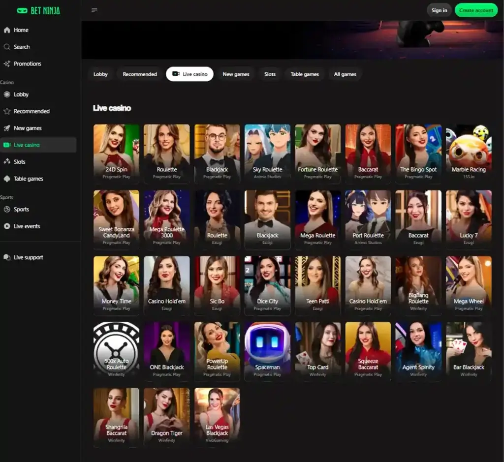 BetNinja Casino desktop live casino lobby screenshot featuring live dealer games and real-time streaming interface - review testing