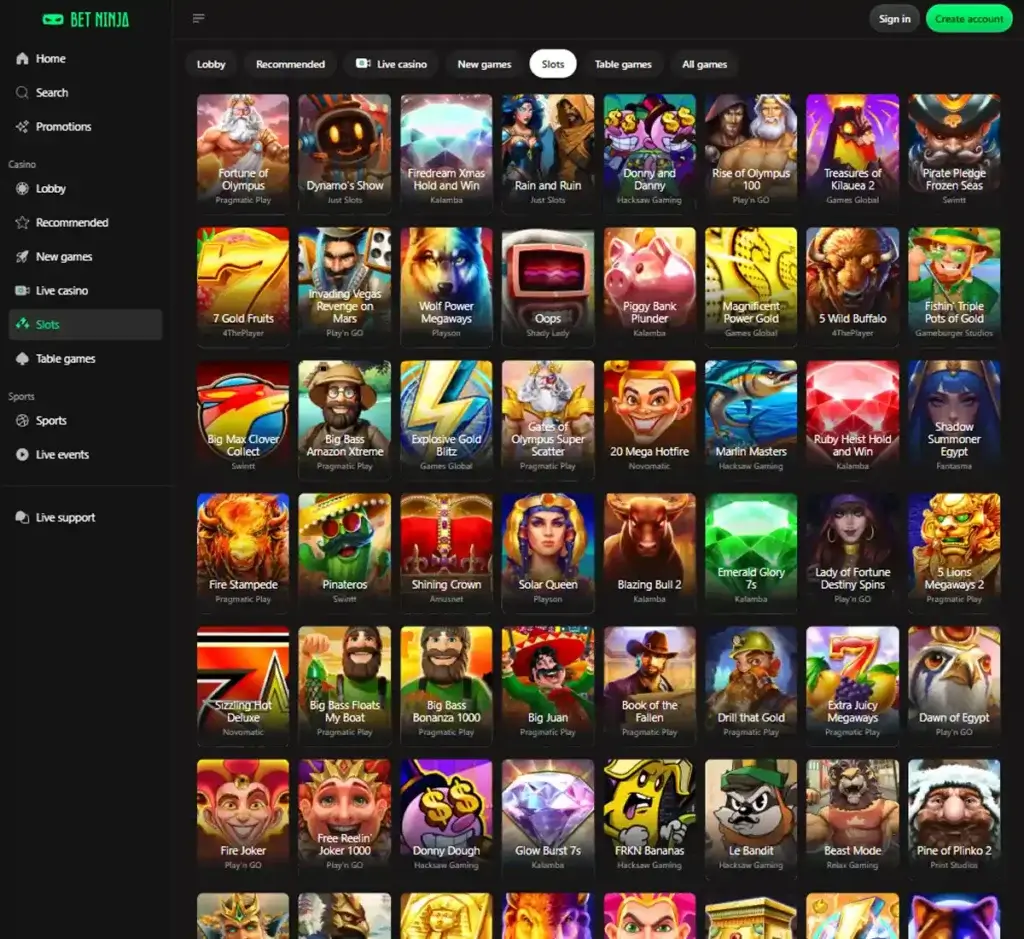 BetNinja Casino desktop slots lobby screenshot presenting variety of slot games with categories and providers - verified