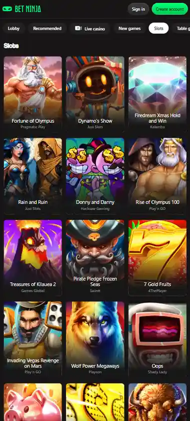 BetNinja Casino mobile table games interface screenshot showing selection of blackjack, roulette and baccarat games - captured during platform testing