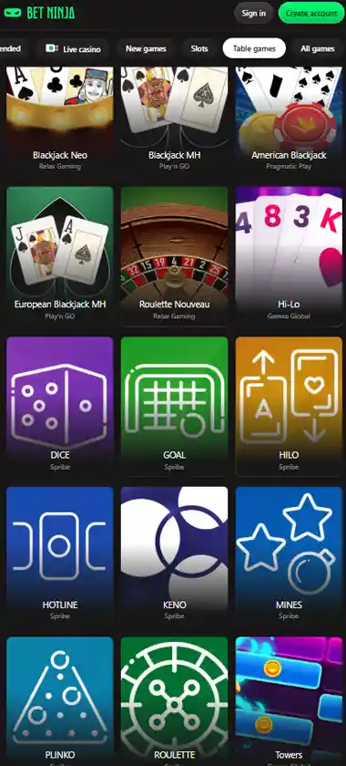 BetNinja Casino mobile table games interface screenshot showing selection of blackjack, roulette and baccarat games - captured during platform testing