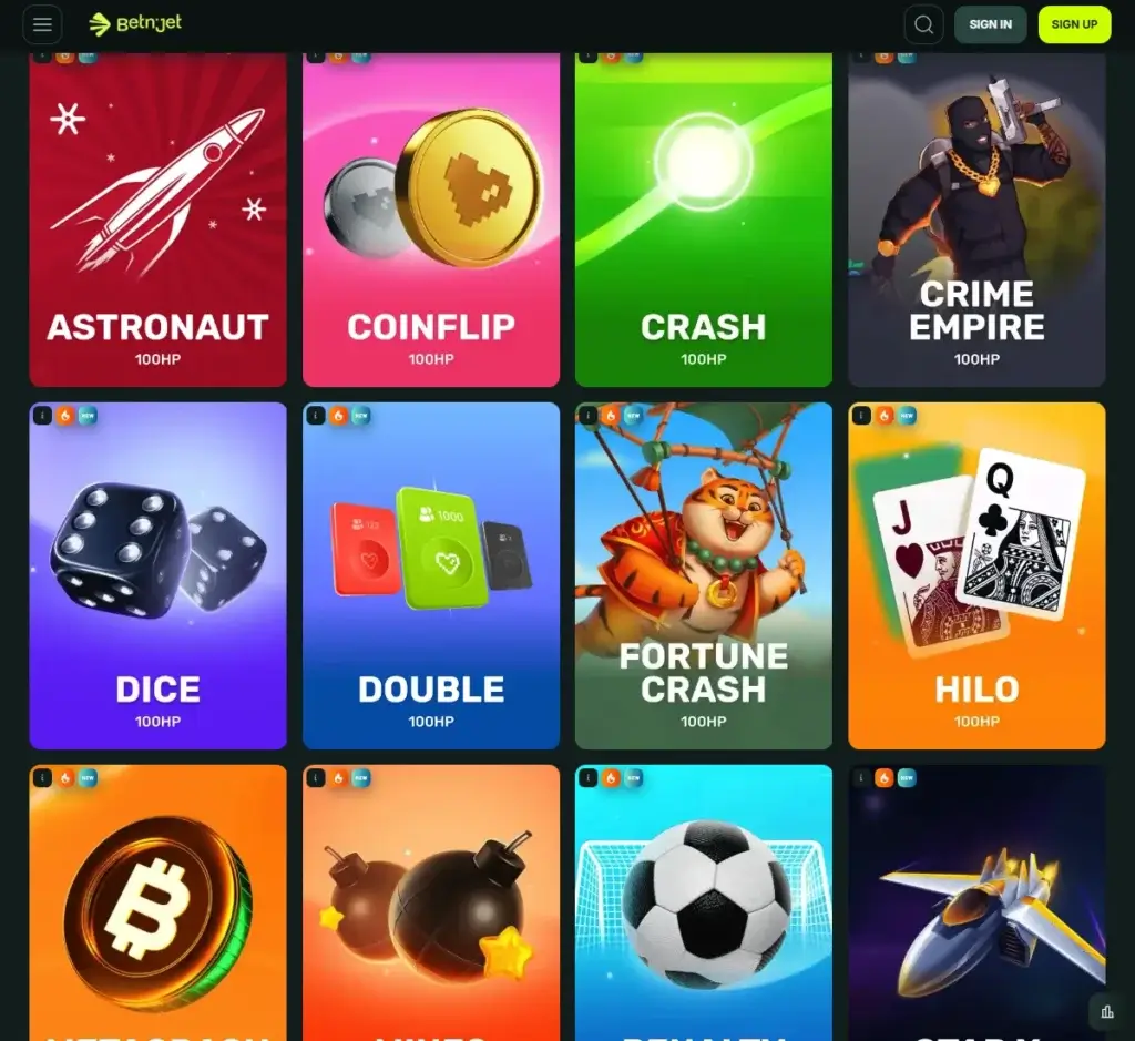 Betnjet Casino desktop crash games screenshot showing fast-paced crash-style games and betting interface – tested