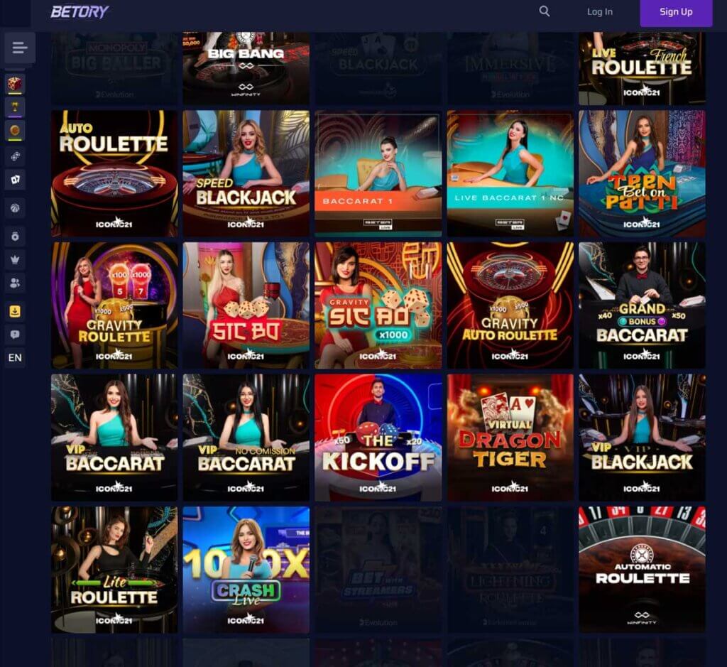 Betory Casino desktop live casino screenshot showing real-dealer tables including roulette, blackjack and baccarat with lobby navigation - tested