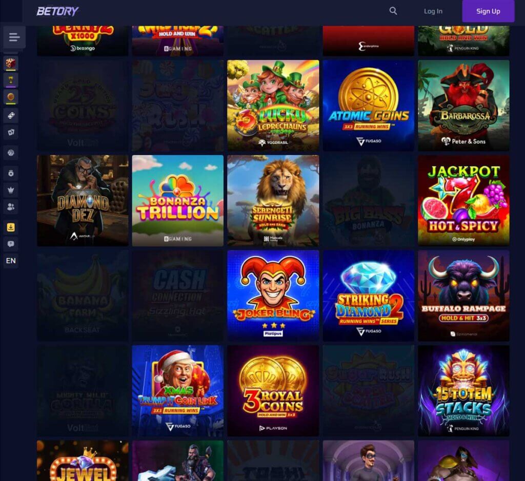 Betory Casino desktop slots screenshot showing slot game categories, featured titles and filtering options - tested