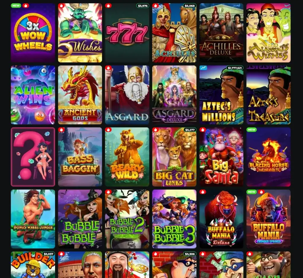 Betty Wins Casino desktop slots lobby screenshot presenting variety of slot games with categories and providers - verified