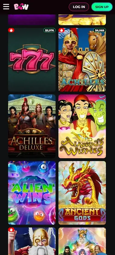 Betty Wins Casino mobile slots interface screenshot showing slot game selection with popular titles and filtering options - captured during platform testing