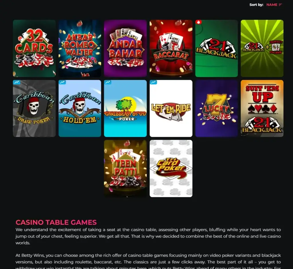 Betty Wins Casino desktop table games lobby screenshot displaying classic casino games such as blackjack, roulette and baccarat - tested