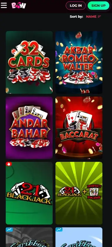 Betty Wins Casino mobile table games interface screenshot showing selection of blackjack, roulette and baccarat games - captured during platform testing