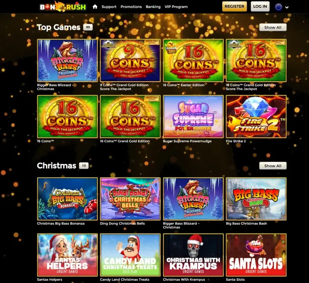 Bonrush Casino desktop homepage screenshot showing featured promotions, navigation menu, and highlighted games – tested Bonrush Casino desktop homepage screenshot showing featured promotions, navigation menu, and highlighted games – tested
