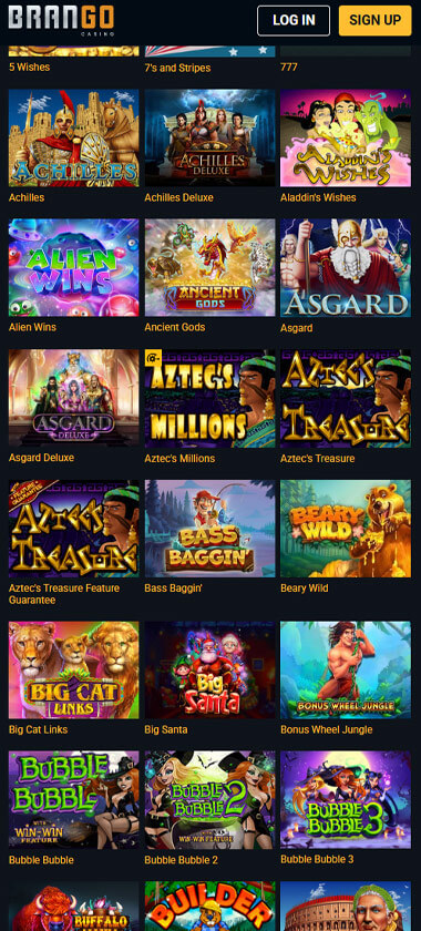 Brango Casino mobile slots interface screenshot showing slot game selection with popular titles and filtering options - captured during platform testing Brango Casino mobile slots interface screenshot showing slot game selection with popular titles and filtering options - captured during platform testing