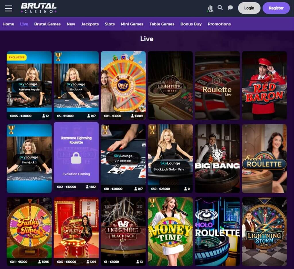 Brutal Casino desktop live casino lobby screenshot featuring live dealer games and real-time streaming interface - review testing