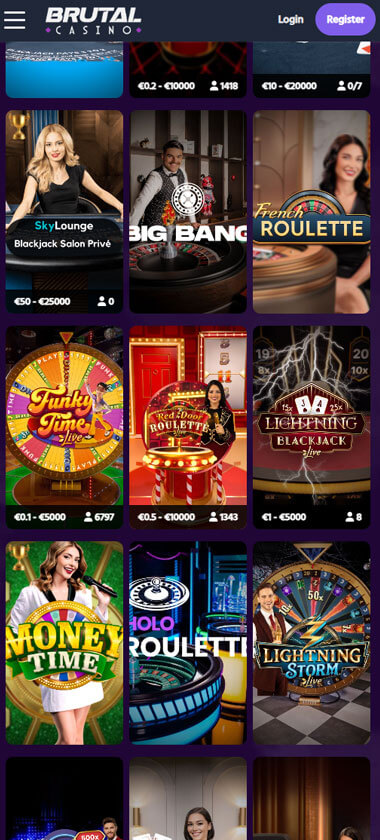 Brutal Casino mobile live casino interface screenshot showing live dealer tables including blackjack and roulette - tested