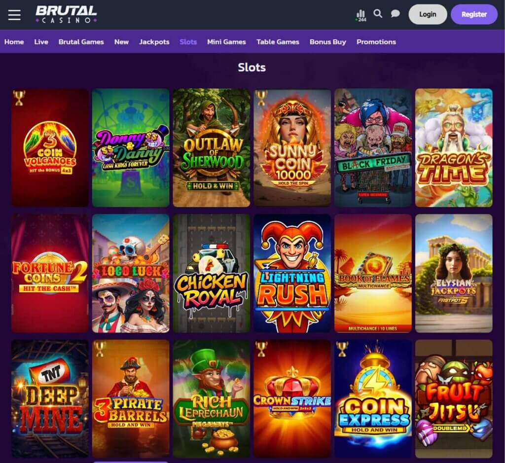 Brutal Casino desktop slots lobby screenshot presenting variety of slot games with categories and providers - verified