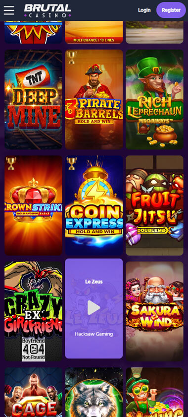 Brutal Casino mobile slots interface screenshot showing slot game selection with popular titles and filtering options - captured during platform testing