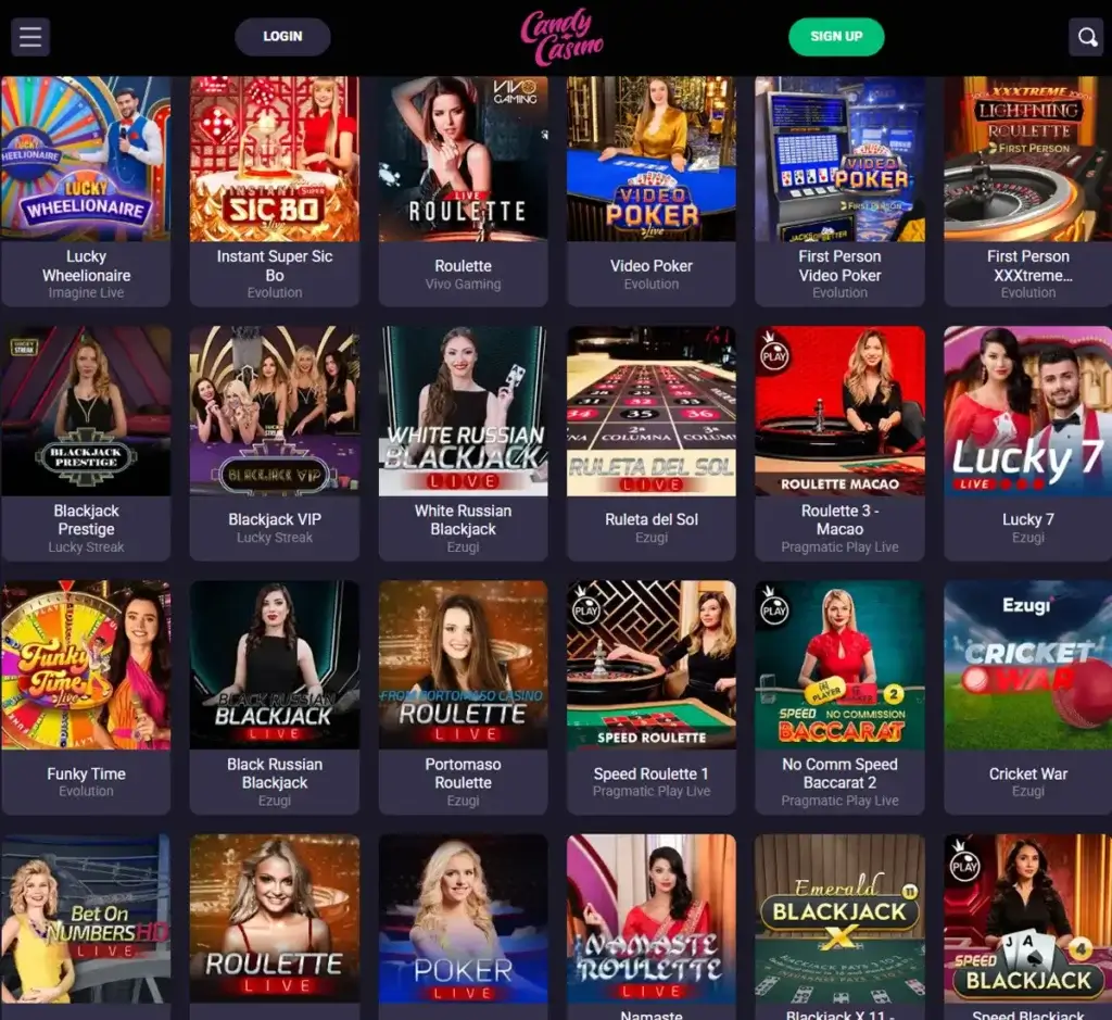 Candy Casino desktop live casino screenshot displaying real-dealer tables including roulette, blackjack and baccarat with lobby navigation - tested