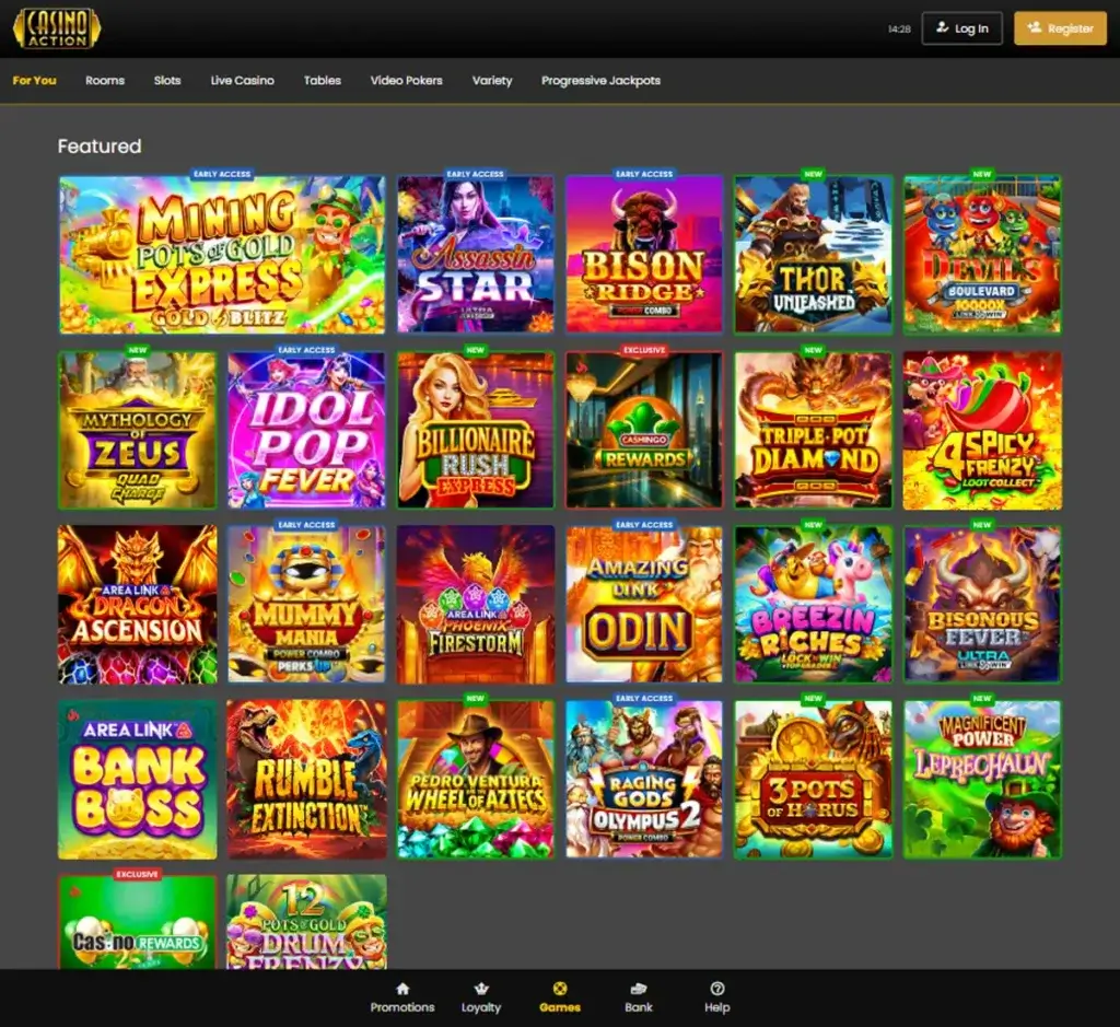 Casino Action desktop homepage screenshot displaying main lobby with featured games, promotions and navigation menu - tested