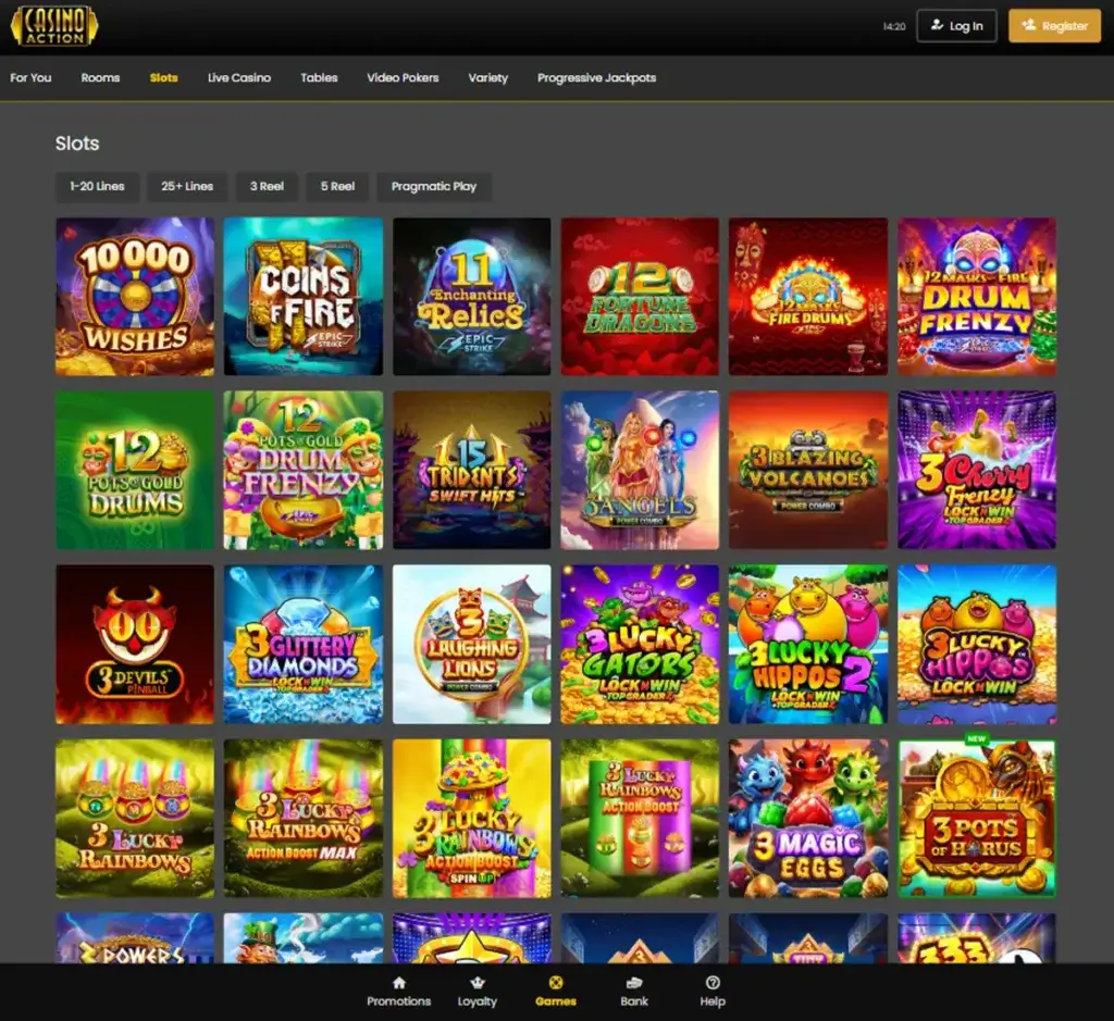 Casino Action desktop slots lobby screenshot presenting variety of slot games with categories and providers - verified