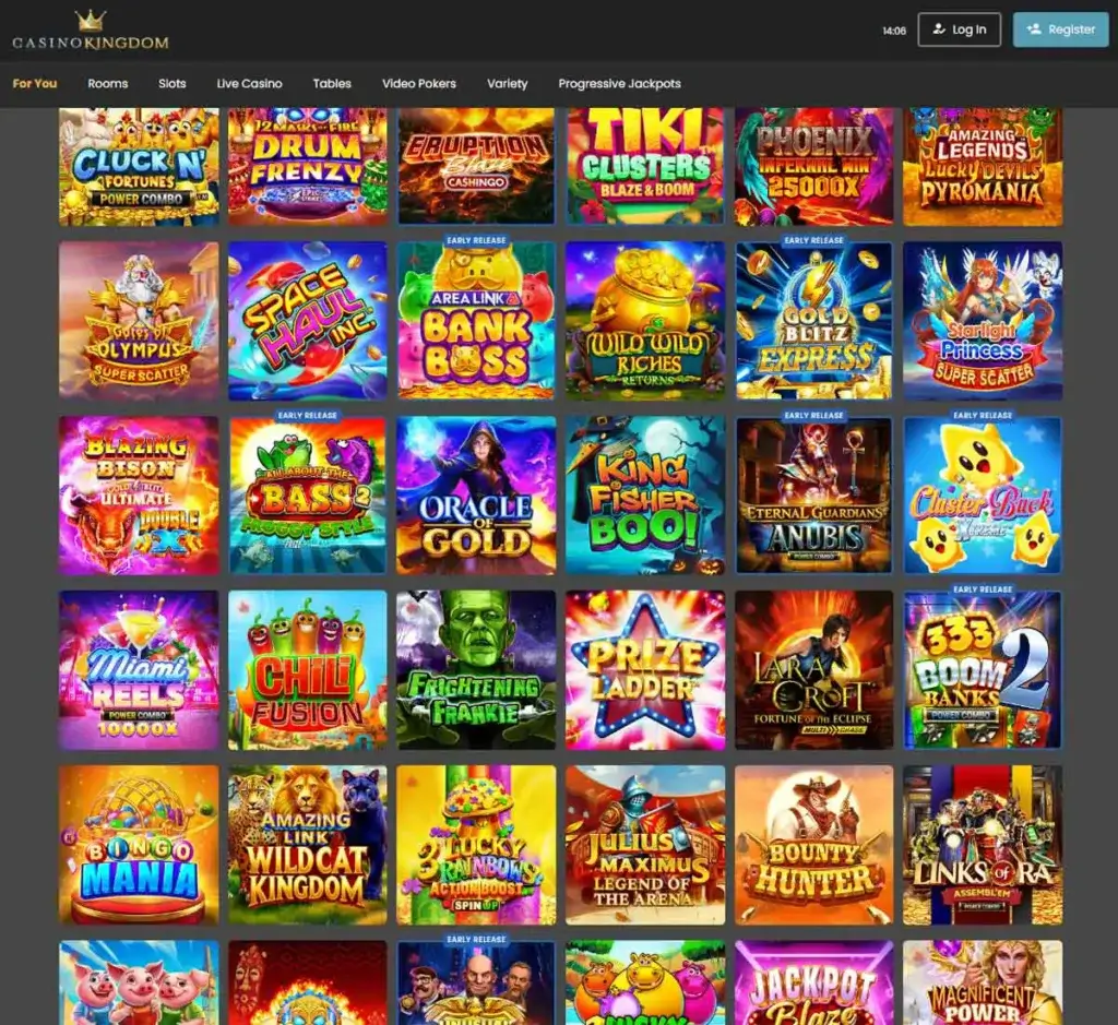Casino Kingdom desktop homepage screenshot displaying main lobby with featured games, promotions and navigation menu - tested