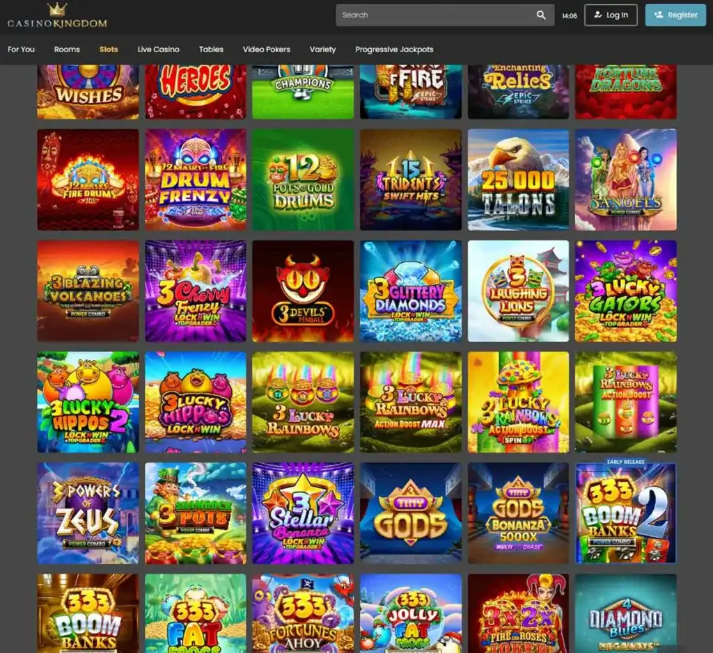 Casino Kingdom desktop slots lobby screenshot presenting variety of slot games with categories and providers - verified