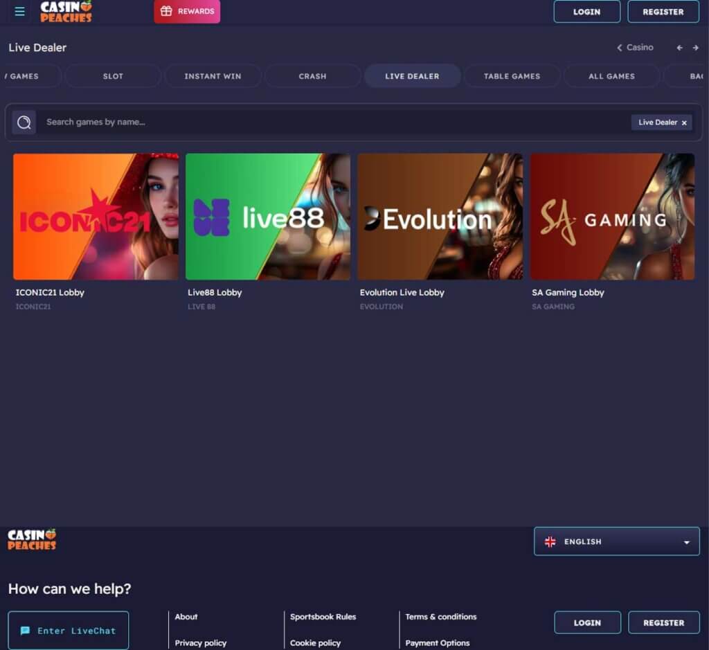 Casino Peaches desktop live casino screenshot showing real-dealer games including roulette, blackjack and baccarat with lobby navigation - tested Casino Peaches desktop live casino screenshot showing real-dealer games including roulette, blackjack and baccarat with lobby navigation - tested